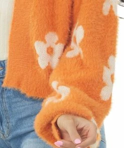 Miss Sparkling Sunset And White Daisy Print Fuzzy Knit Cardigan