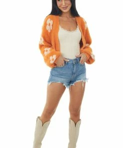 Miss Sparkling Sunset And White Daisy Print Fuzzy Knit Cardigan