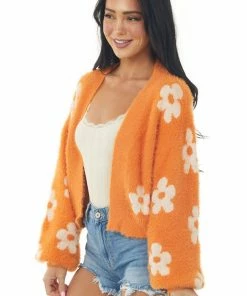 Miss Sparkling Sunset And White Daisy Print Fuzzy Knit Cardigan