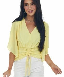 L Love Tops Sunshine Flutter Sleeve Ruched V Neck Blouse