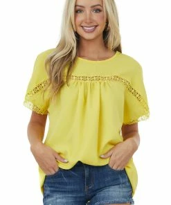 Haptics Tops Sunshine Lace Short Sleeve Crepe Woven Top