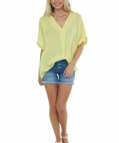 Glam Tops Sunshine Rolled Cuff Wide Fit Silky Blouse