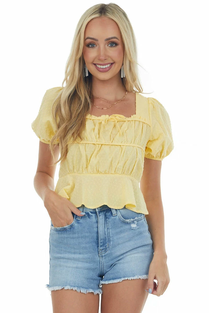 Very J Tops Sunshine Swiss Dot Puff Sleeve Peplum Crop Top 3 Very J Tops Sunshine Swiss Dot Puff Sleeve Peplum Crop Top
