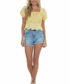 Very J Tops Sunshine Swiss Dot Puff Sleeve Peplum Crop Top