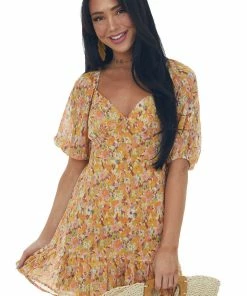 Lush Clothing Tangerine Abstract Floral Print Woven Mini Dress Dresses