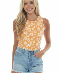 Timing Tangerine Daisy Print Sleeveless Bodysuit