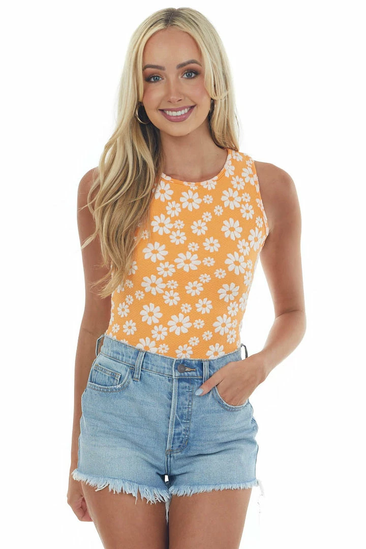 Timing Tangerine Daisy Print Sleeveless Bodysuit 3 Timing Tangerine Daisy Print Sleeveless Bodysuit