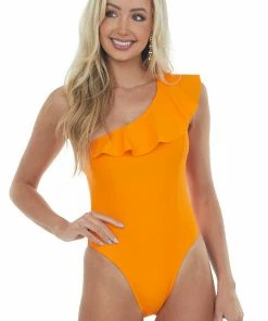 HYFVE Tangerine One Shoulder Ruffle Solid Swimsuit Accessories
