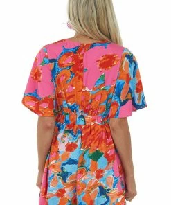 Umgee Dresses Tangerine Printed Surplice Bell Sleeve Romper