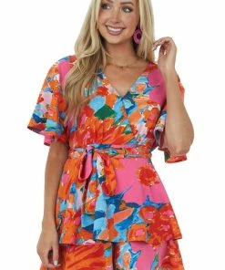 Umgee Dresses Tangerine Printed Surplice Bell Sleeve Romper