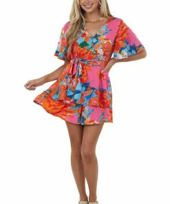 Umgee Dresses Tangerine Printed Surplice Bell Sleeve Romper
