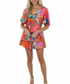 Umgee Dresses Tangerine Printed Surplice Bell Sleeve Romper