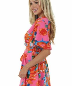 Umgee Dresses Tangerine Printed Surplice Bell Sleeve Romper