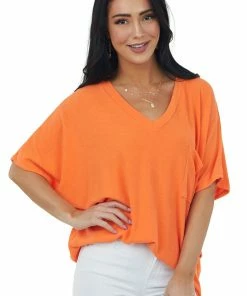 Charlotte Avery Tangerine Short Dolman Sleeve Chest Pocket Top Tops