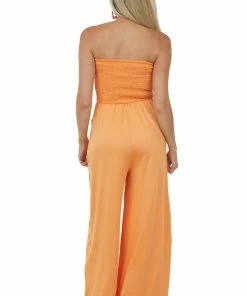 Fantastic Fawn Tangerine Smocked Strapless Wide Leg Knit Jumpsuit Dresses