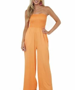 Fantastic Fawn Tangerine Smocked Strapless Wide Leg Knit Jumpsuit Dresses
