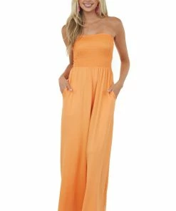 Fantastic Fawn Tangerine Smocked Strapless Wide Leg Knit Jumpsuit Dresses