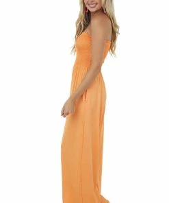 Fantastic Fawn Tangerine Smocked Strapless Wide Leg Knit Jumpsuit Dresses