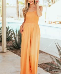 Fantastic Fawn Tangerine Smocked Strapless Wide Leg Knit Jumpsuit Dresses