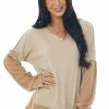 Now N Forever Tops Taupe Brushed Knit Top With Peach Contrast