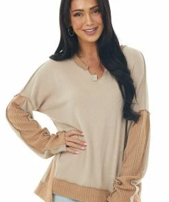 Now N Forever Tops Taupe Brushed Knit Top With Peach Contrast