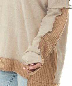 Now N Forever Tops Taupe Brushed Knit Top With Peach Contrast
