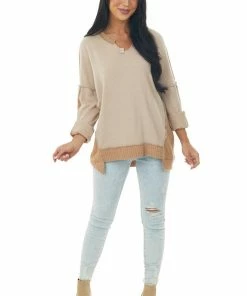 Now N Forever Tops Taupe Brushed Knit Top With Peach Contrast