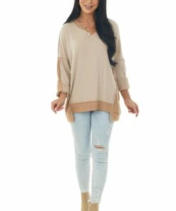 Now N Forever Tops Taupe Brushed Knit Top With Peach Contrast