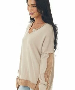 Now N Forever Tops Taupe Brushed Knit Top With Peach Contrast