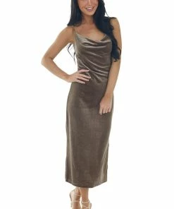She + Sky Taupe Cowl Neck Sleeveless Velvet Midi Dress Dresses