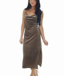 She + Sky Taupe Cowl Neck Sleeveless Velvet Midi Dress Dresses