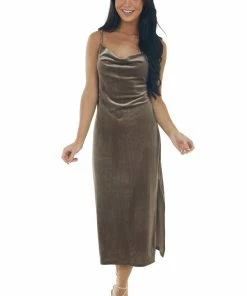 She + Sky Taupe Cowl Neck Sleeveless Velvet Midi Dress Dresses