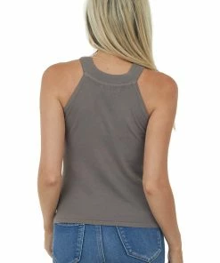 Miss Sparkling Taupe Knit Tank Top With Halter Neckline Tops