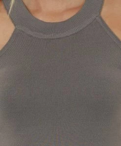 Miss Sparkling Taupe Knit Tank Top With Halter Neckline Tops