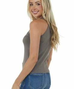 Miss Sparkling Taupe Knit Tank Top With Halter Neckline Tops