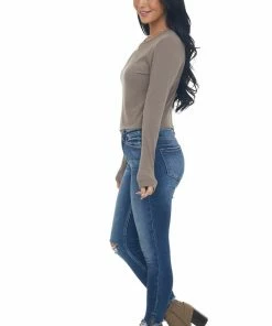 Charlotte Avery Tops Taupe Long Sleeve Textured Cropped Knit Top