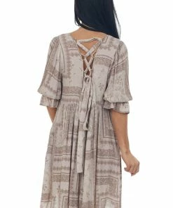 SugarFox Taupe Multi Printed Babydoll Short Dress