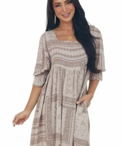 SugarFox Taupe Multi Printed Babydoll Short Dress