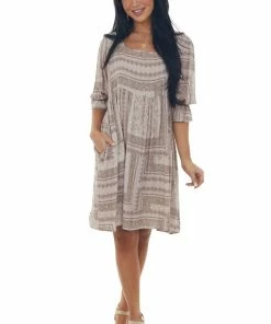 SugarFox Taupe Multi Printed Babydoll Short Dress