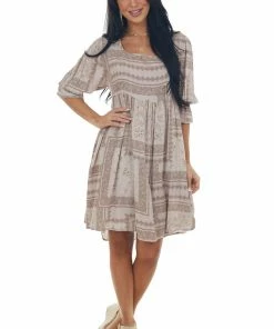 SugarFox Taupe Multi Printed Babydoll Short Dress