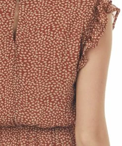 She + Sky Tawny Leaf Print Tiered Cap Sleeve Frill Dress