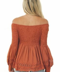 Nostalgia Tawny Smocked Off Shoulder Babydoll Lace Top