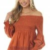 Nostalgia Tawny Smocked Off Shoulder Babydoll Lace Top