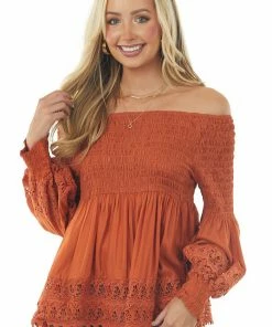 Nostalgia Tawny Smocked Off Shoulder Babydoll Lace Top
