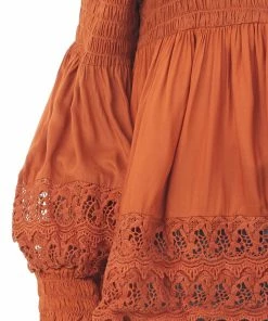 Nostalgia Tawny Smocked Off Shoulder Babydoll Lace Top