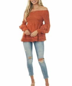 Nostalgia Tawny Smocked Off Shoulder Babydoll Lace Top