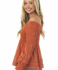 Nostalgia Tawny Smocked Off Shoulder Babydoll Lace Top