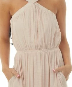 Allie Rose Trends Tea Rose Elastic Halter Neck Tiered Maxi Dress