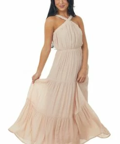 Allie Rose Trends Tea Rose Elastic Halter Neck Tiered Maxi Dress