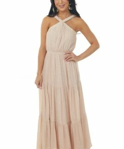 Allie Rose Trends Tea Rose Elastic Halter Neck Tiered Maxi Dress